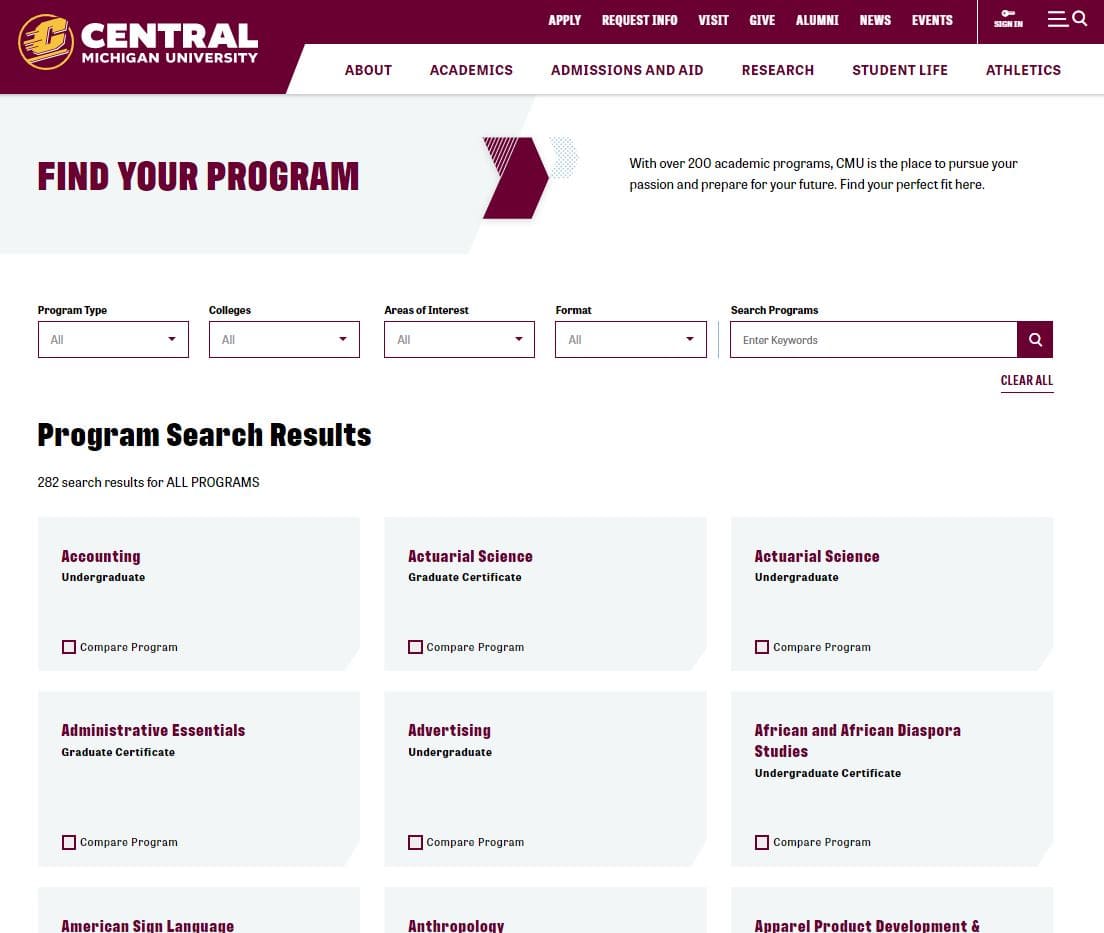 image of CMU's find your program section of website