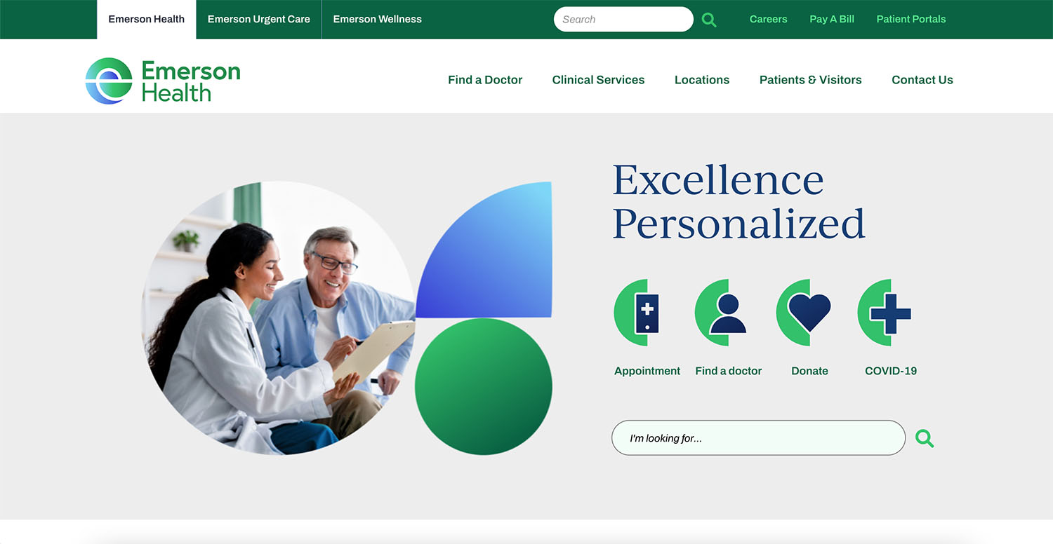 Image of Emerson Health main site hero banner and navigation