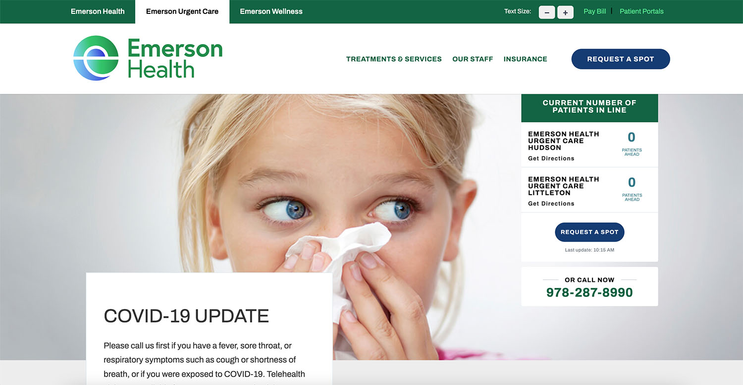 Emerson's urgent care hero banner and navigation