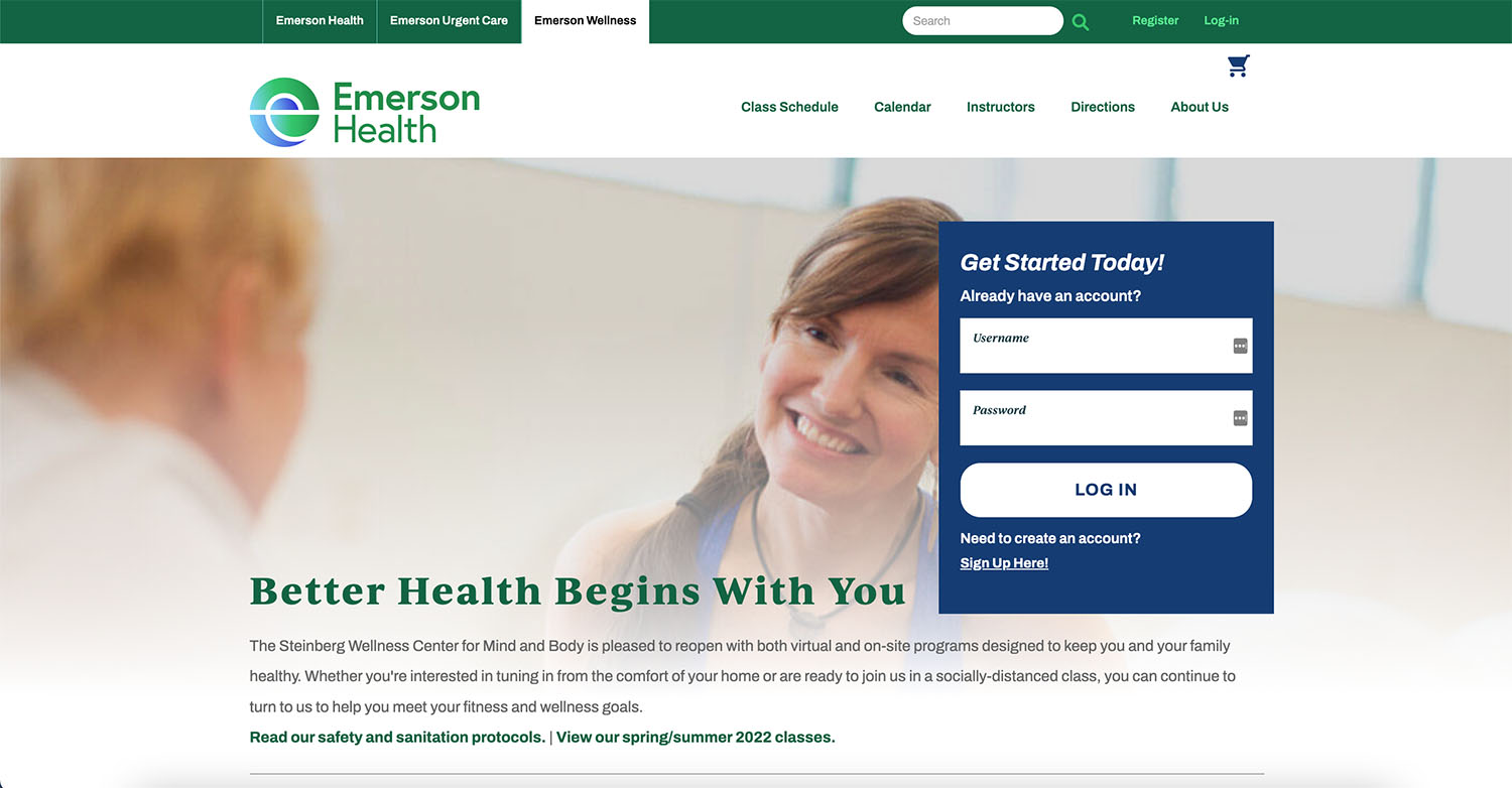 Emerson wellness center for mind and body hero banner and navigation with login