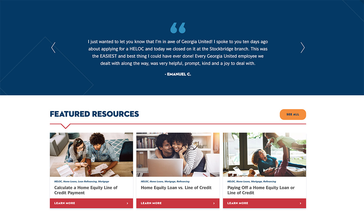 Screenshot of a Georgia United Credit Unions website - testimonials and featured resources components